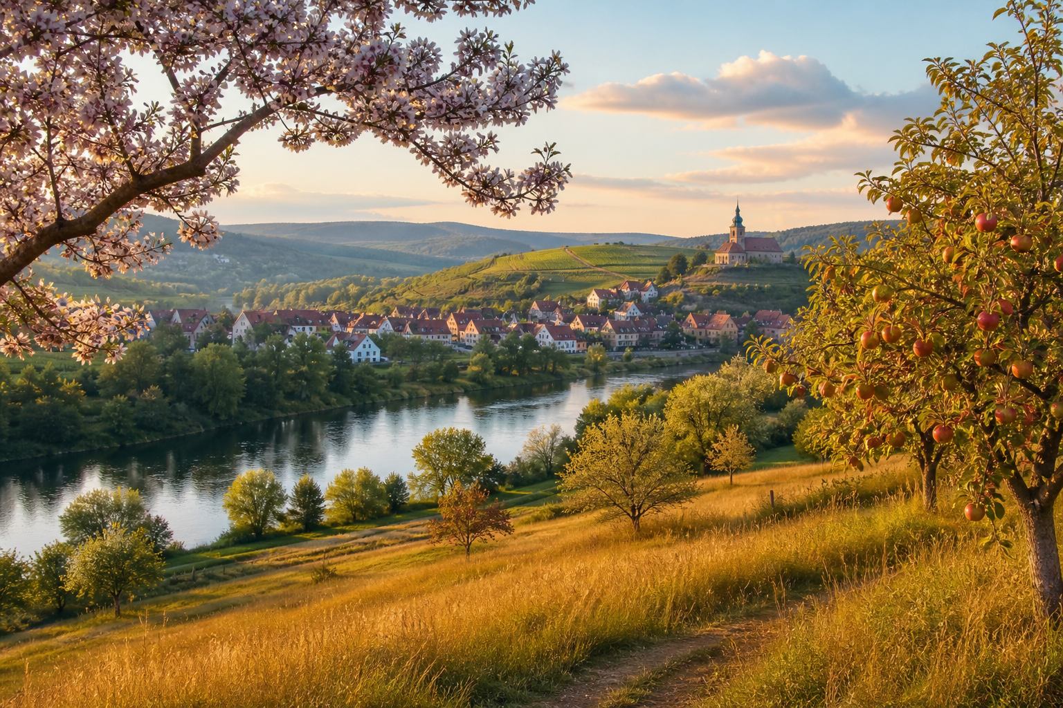Saisonale Landschaft Frankens von Blüte bis Herbst