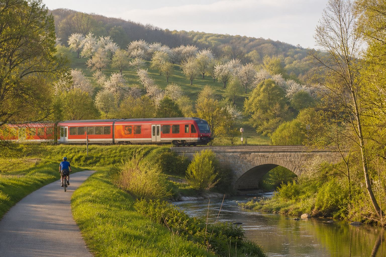 Regionalzug und Radweg im grünen Flusstal Frankens